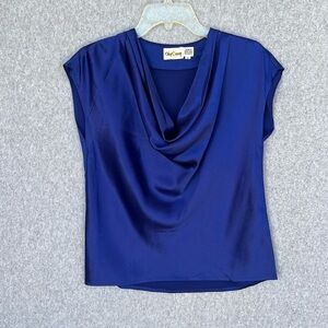 Vintage Oleg Cassini Womens Blue Silk Blouse Cowl Neck Cap Sleeve Size 4